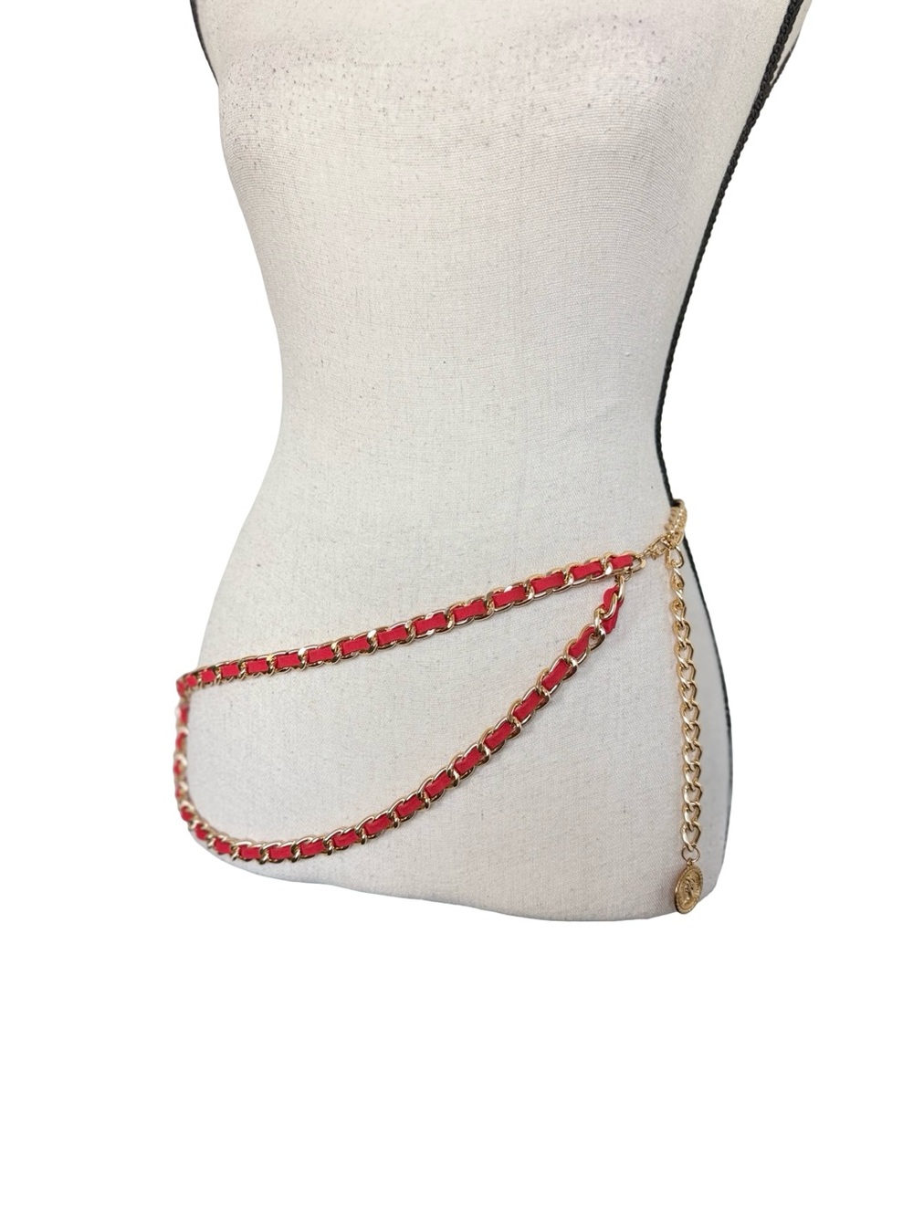 Red Faux Leather & Gold Tone Double Chain Waist Belt Coin Medallion Accent Boho